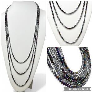 Multi Strand Iridescent Beaded Necklace Long Layers Small Faceted Acrylic Artsy